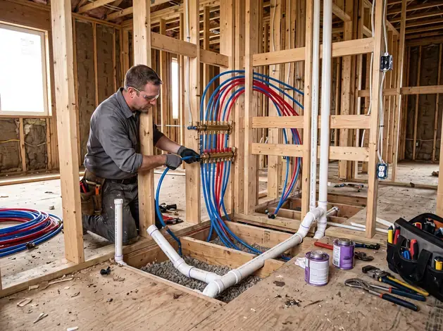 Residential pipe installation and plumbing system setup.